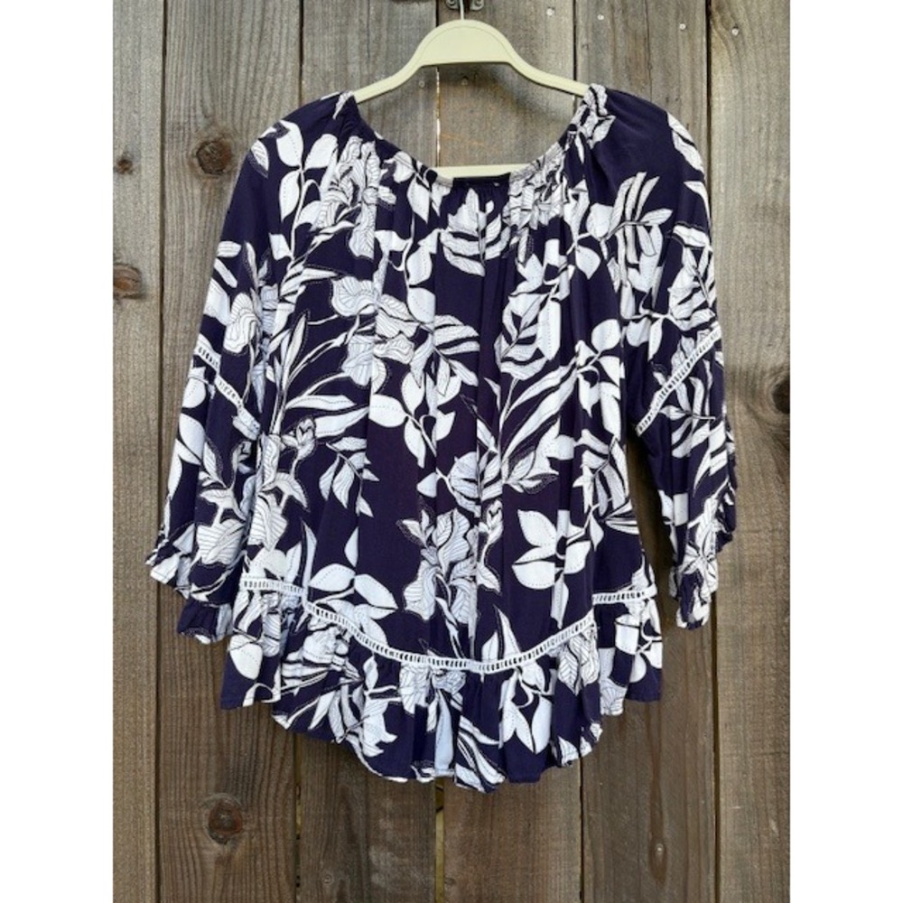 Fever Floral Print Peasant Top‎ Navy Blue White 3/4 Sleeve Size L